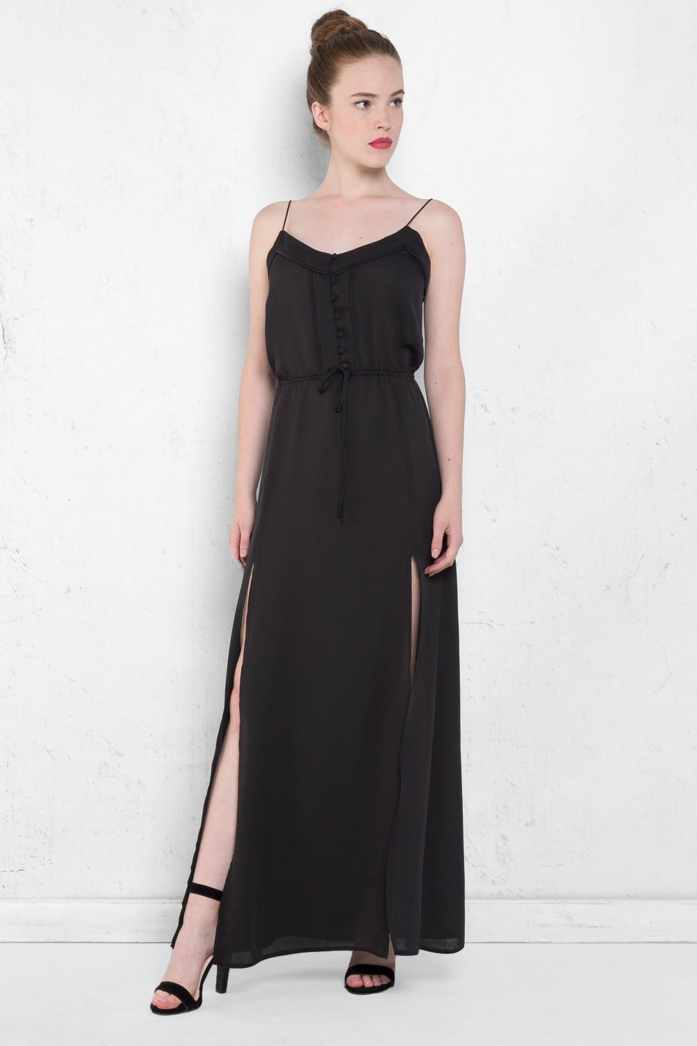 timsah zeminler dolgu  Setmoda Siyah Çift Yırtmaçlı İp Askılı Uzun Elbise | ElbiseBul