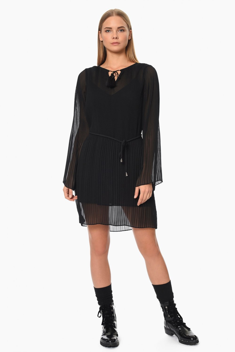 Siyah Pileli Şifon Mini Elbise