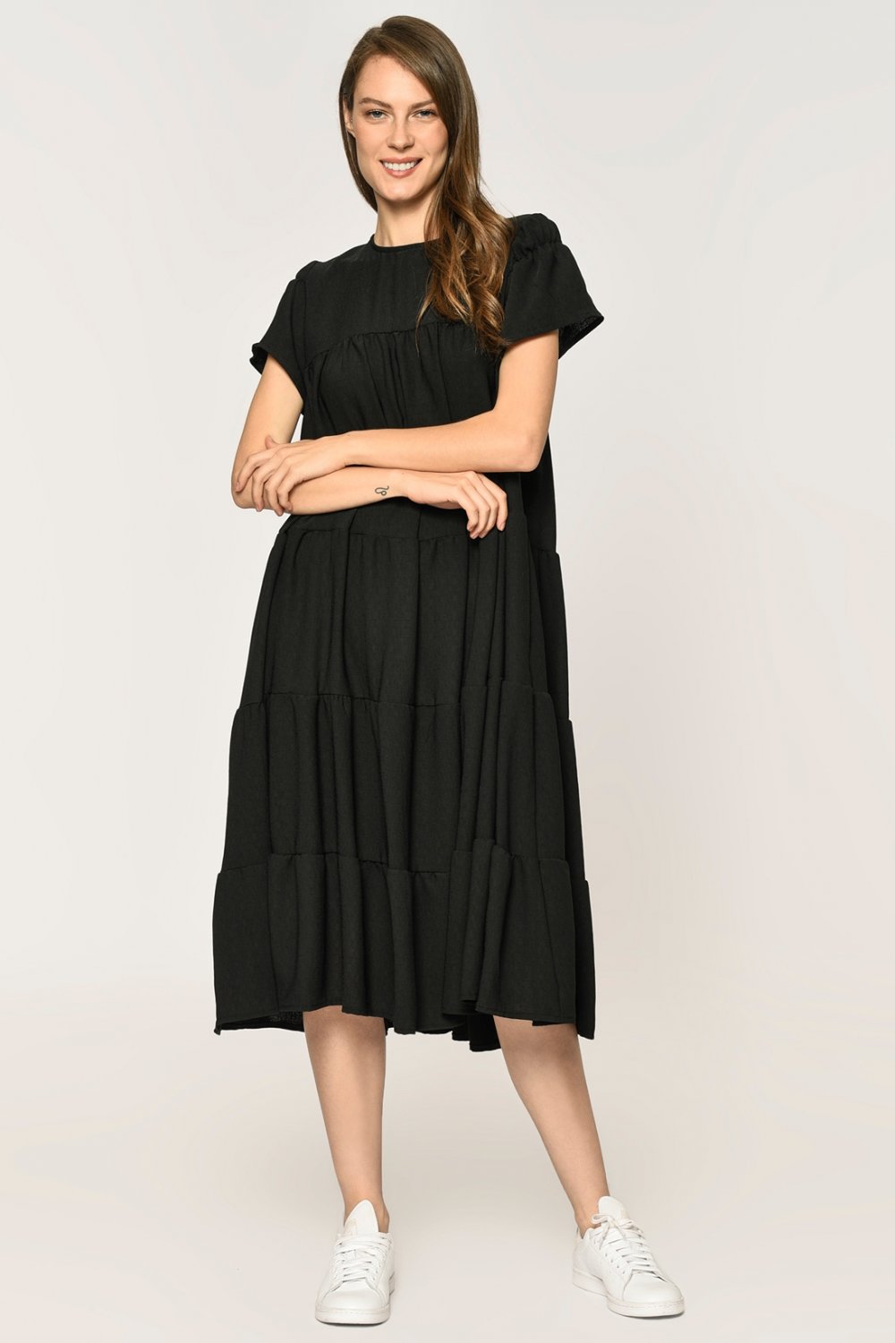Katlı A Form Fırfırlı Midi Elbise