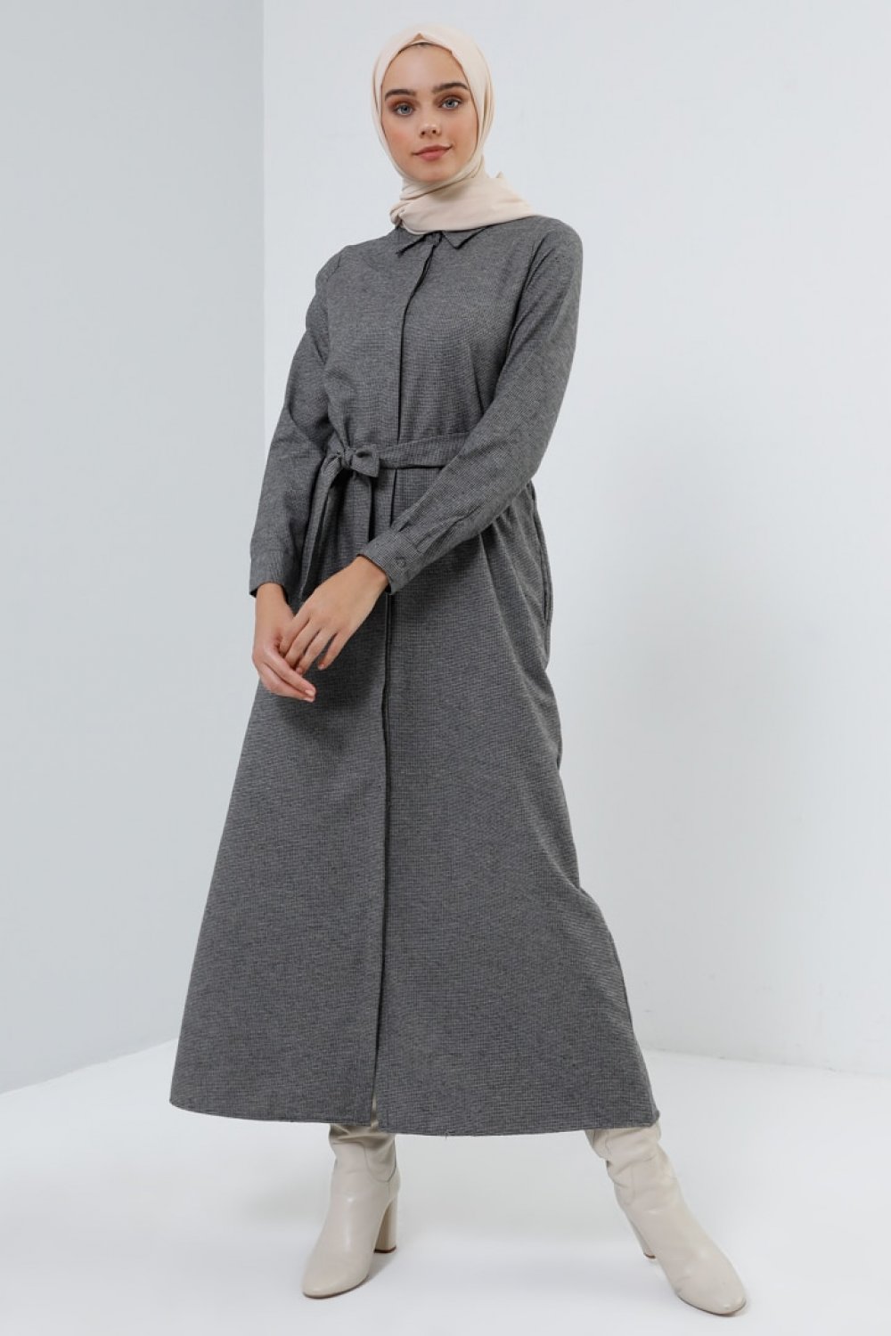 Gri Boydan Gizli Düğmeli Cep Detaylı Elbise