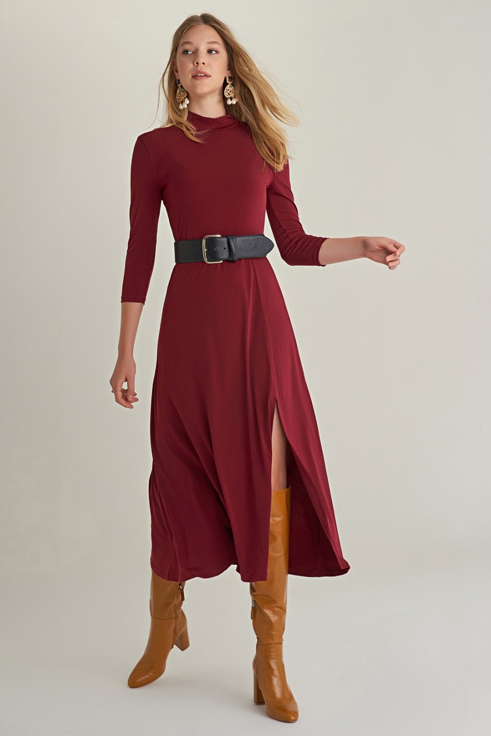 Bordo Yırtmaçlı Uzun Örme Midi Elbise