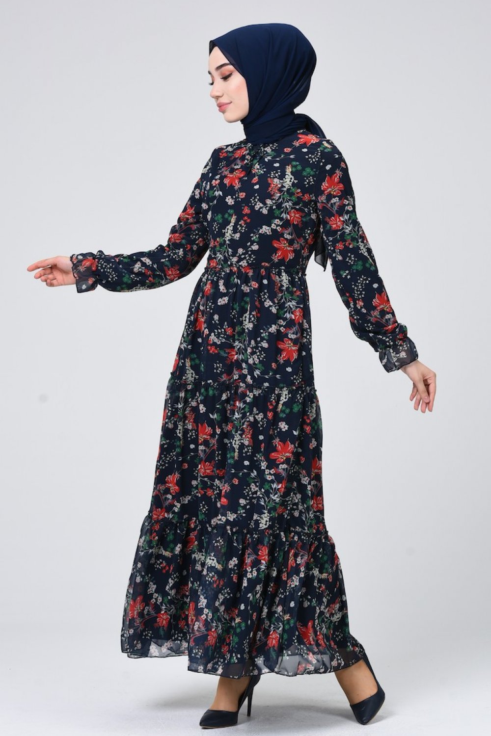 Lacivert Çiçek Desenli Şifon Elbise