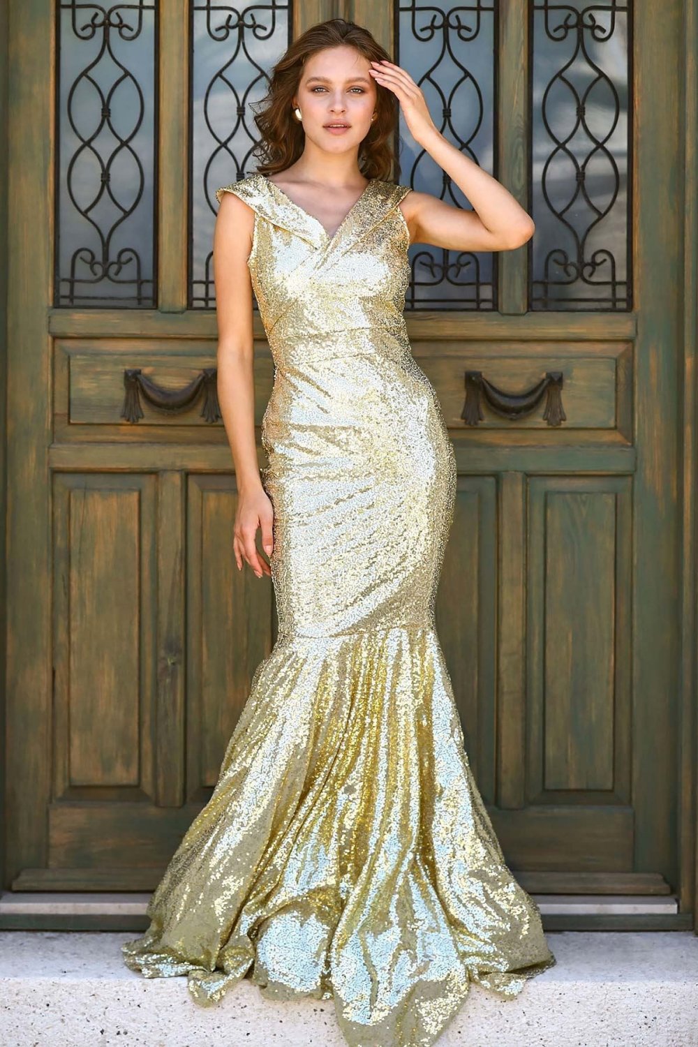 Pullu Altın Balık Model Uzun Abiye Elbise