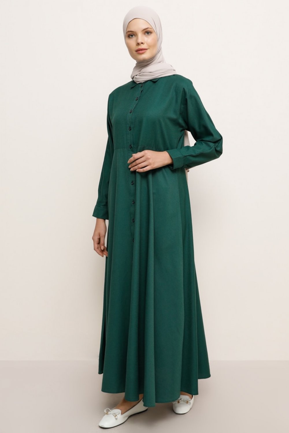 Orman Yeşili Boydan Düğmeli Elbise