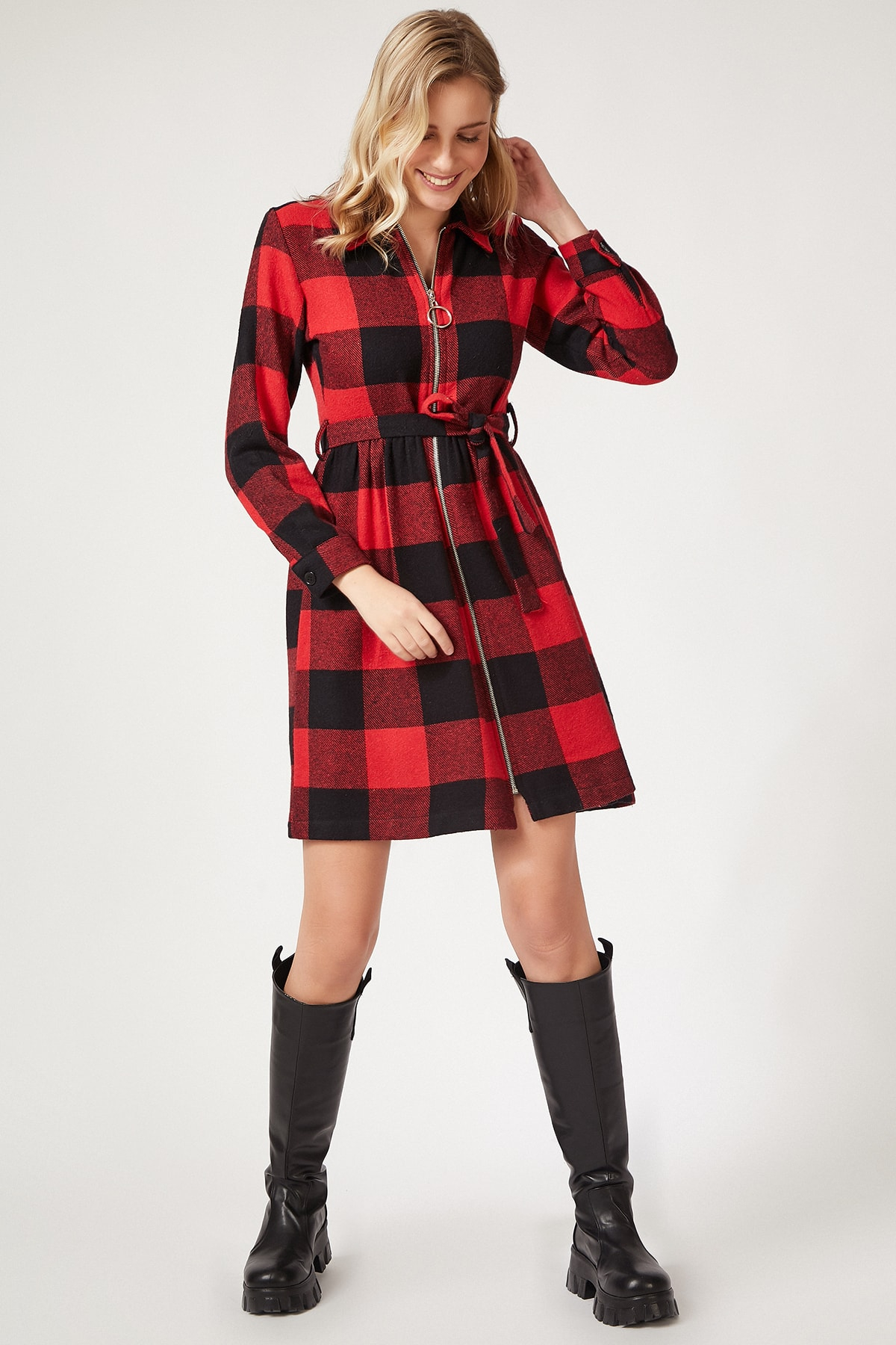 Kırmızı Kışlık Kareli Fermuarlı Mini Elbise