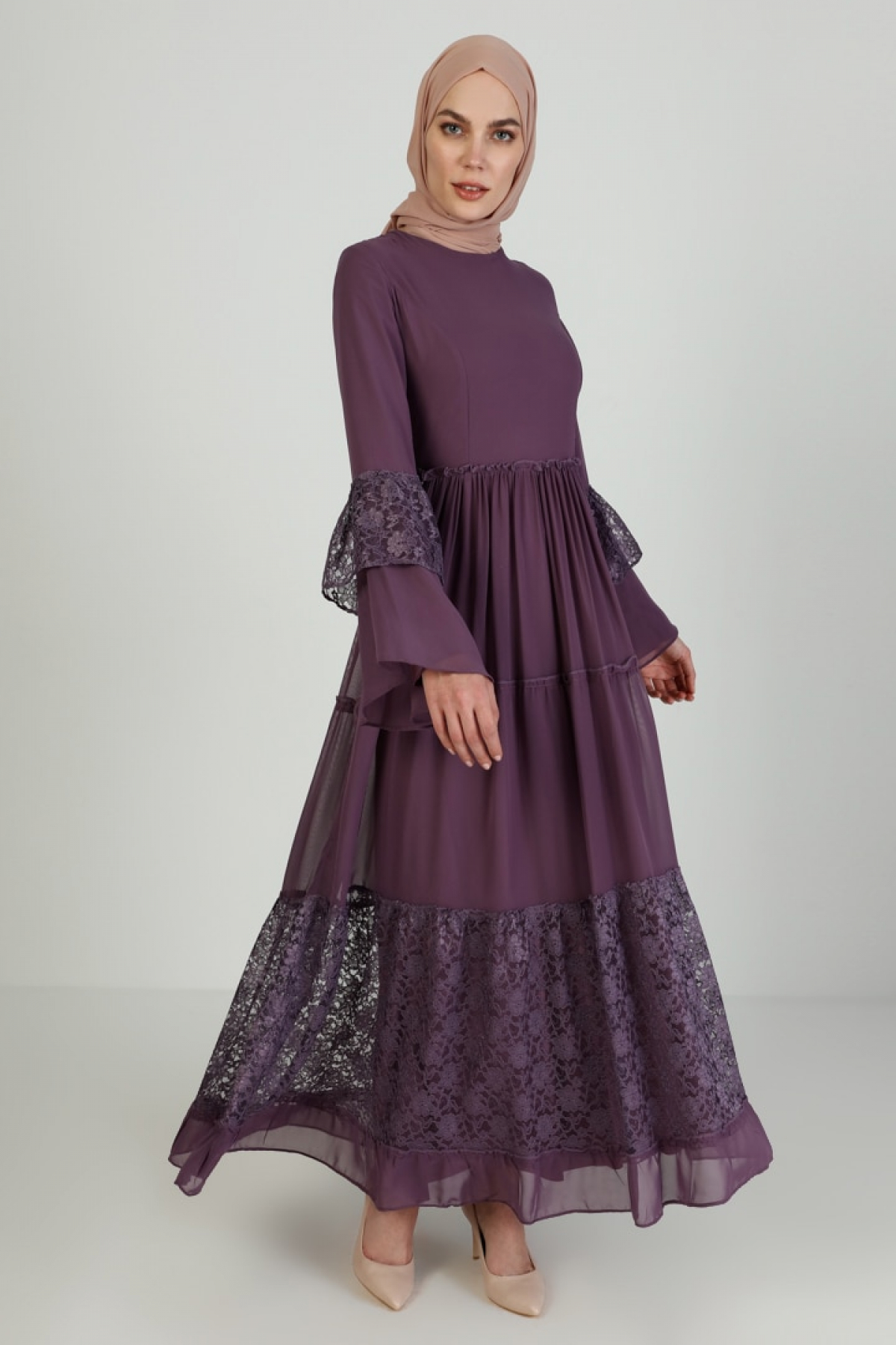Lila Dantelli Fırfırlı Abiye Elbise