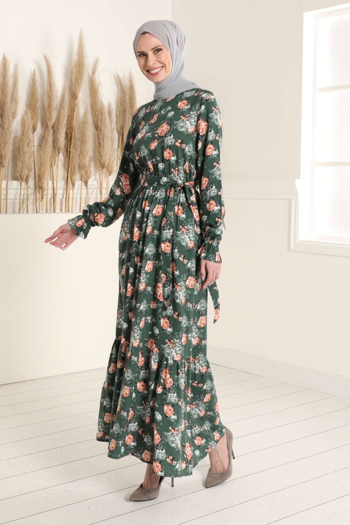 Haki Doğal Kumaşlı Çiçek Desenli Beli Lastikli Elbise
