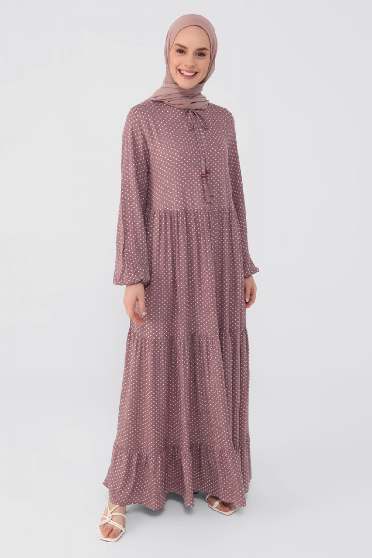 Derin Pembe Gül Kurusu Doğal Kumaşlı Yakası Bağcıklı Desenli Elbise