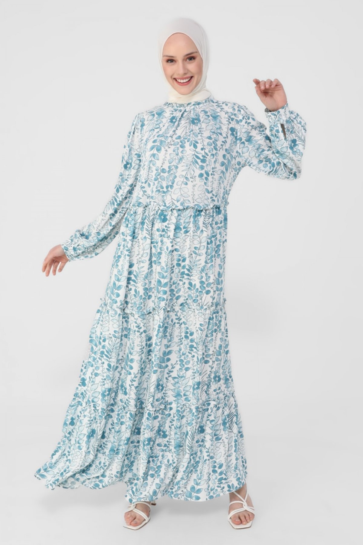 İndigo Doğal Kumaşlı Beli ve Yakası Fırfırlı Desenli Elbise
