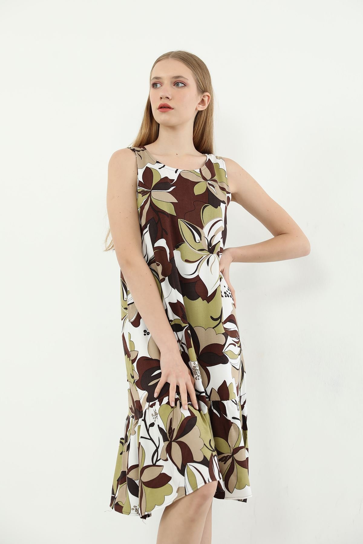 huhu Haki Çiçek Desen Askılı Midi Elbise
