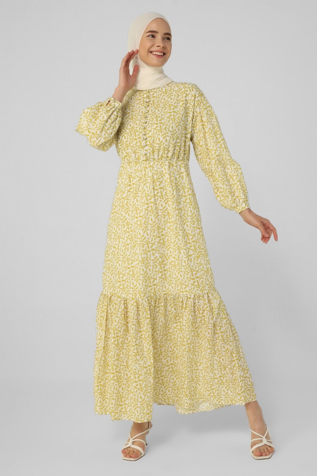 Safran Sarı Çiçek Desenli Doğal Kumaşlı Elbise