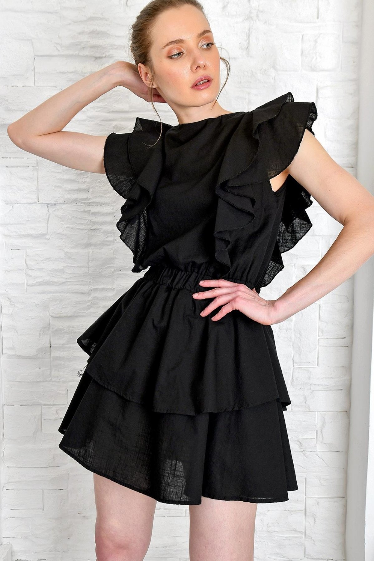 Siyah Fırfırlı Beli Büzgülü Premium Mini Elbise