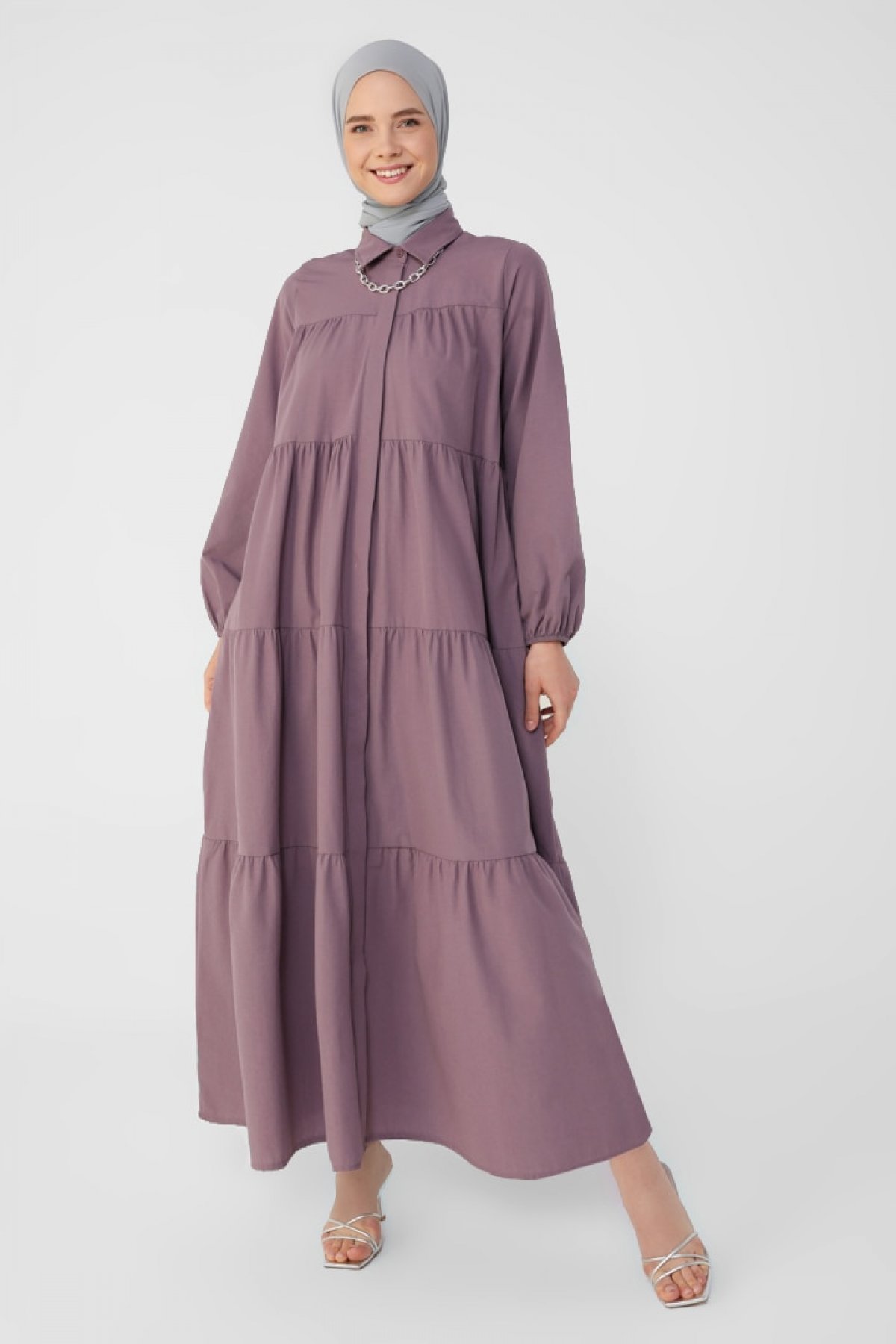 Vintage Mor Gizli Pat Detaylı Kat Salaş Poplin Elbise