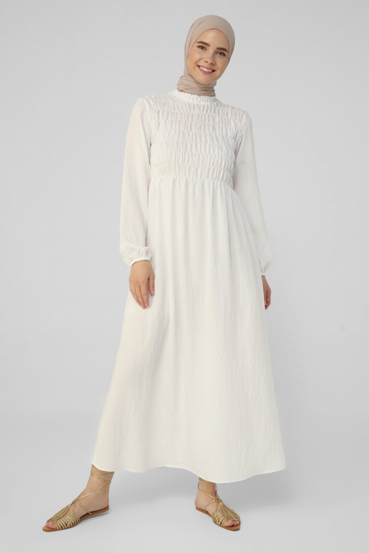 Off White Beyaz Gipe Detaylı Elbise