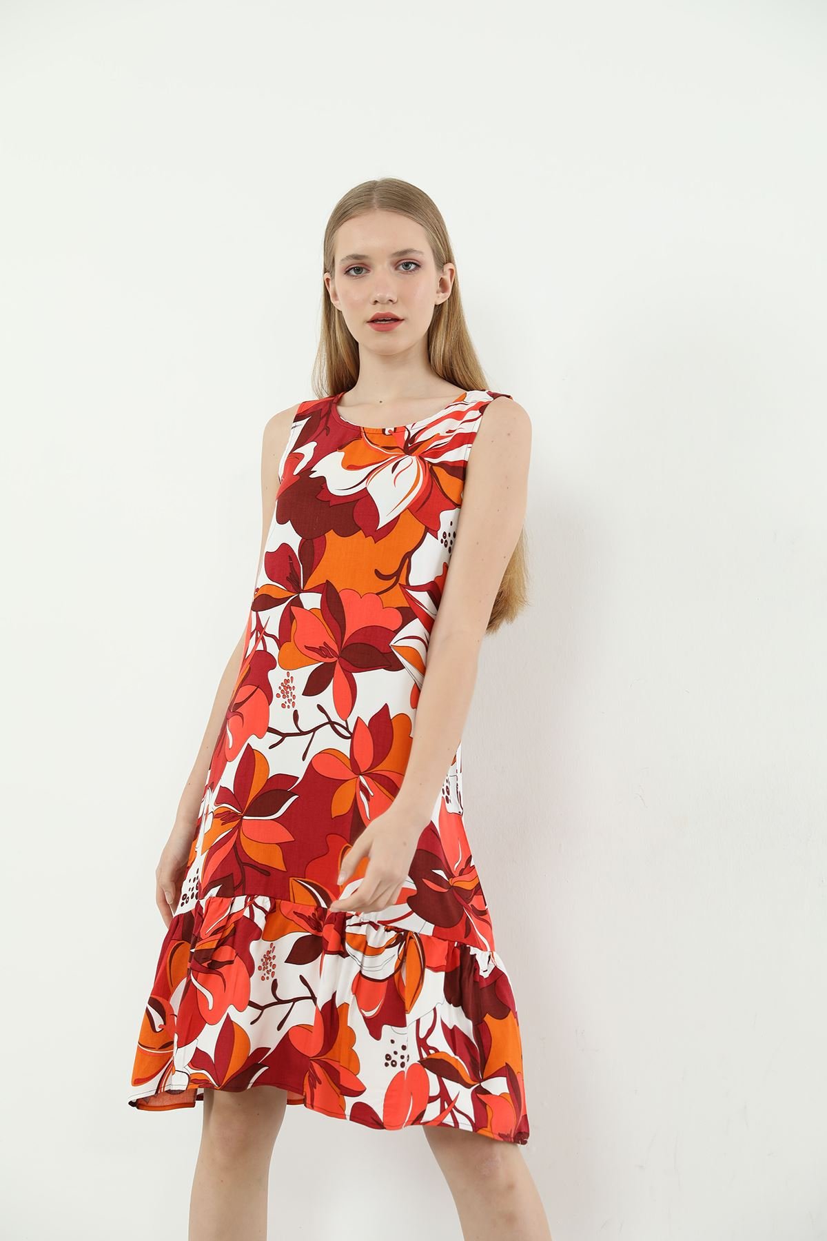 huhu Oranj Çiçek Desen Askılı Midi Elbise