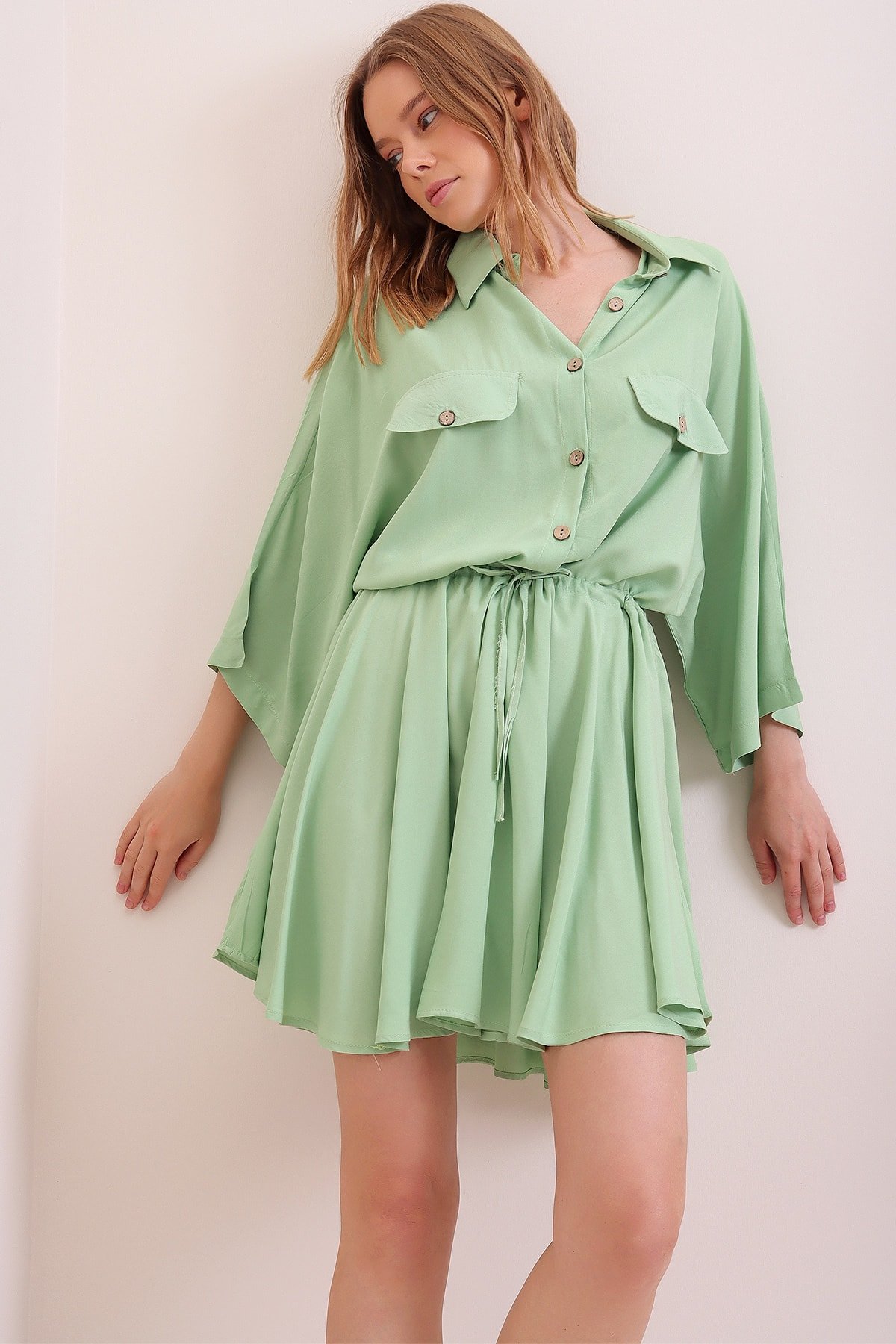 Çağla Yeşili Safari Dokuma Mini Gömlek Elbise