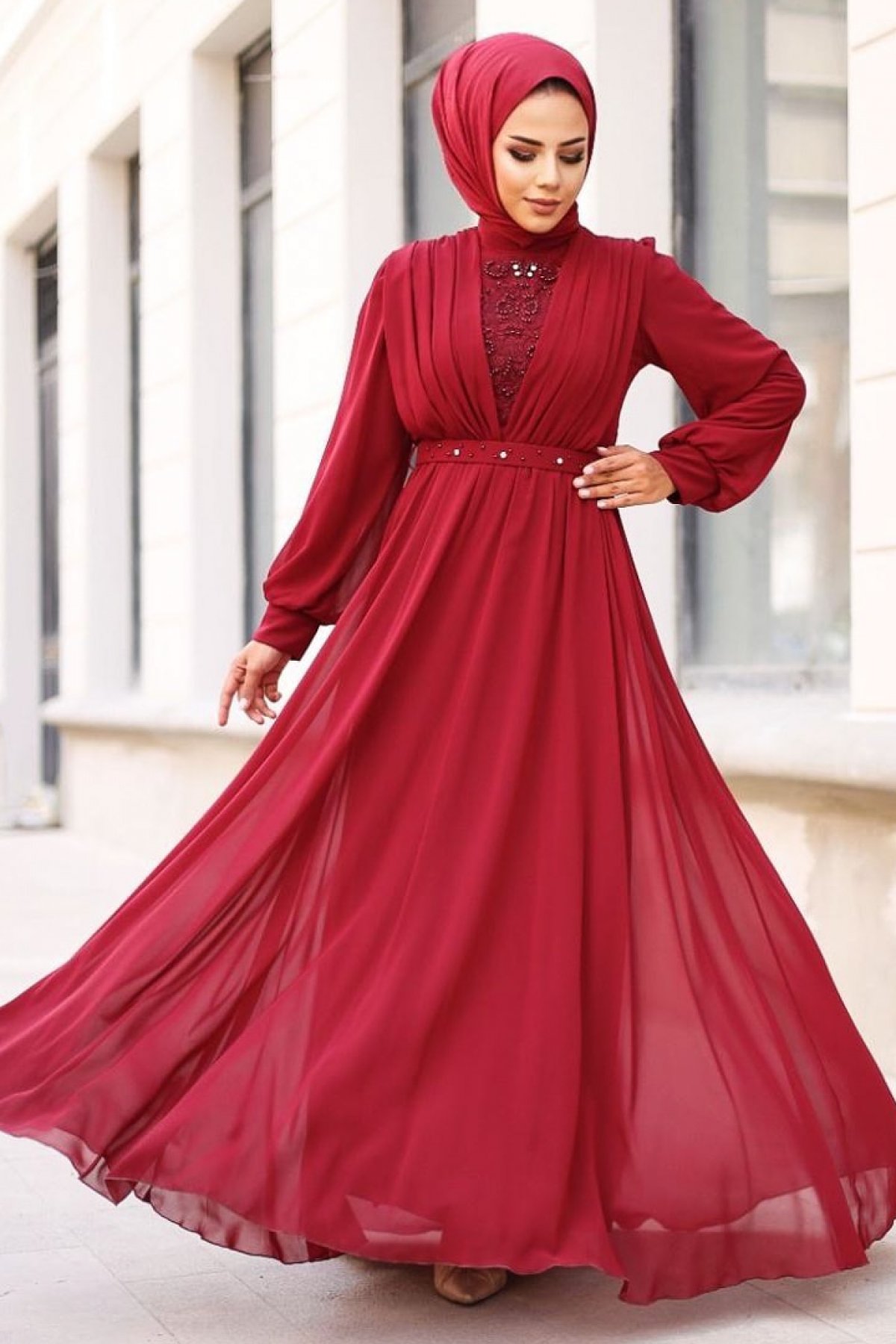 Bordo Arya Abiye Elbise