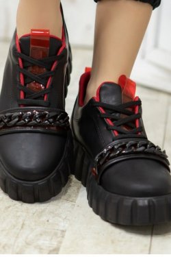 Siyah Mya Kırmızı Detaylı Bağcıklı Spor Ayakkabı