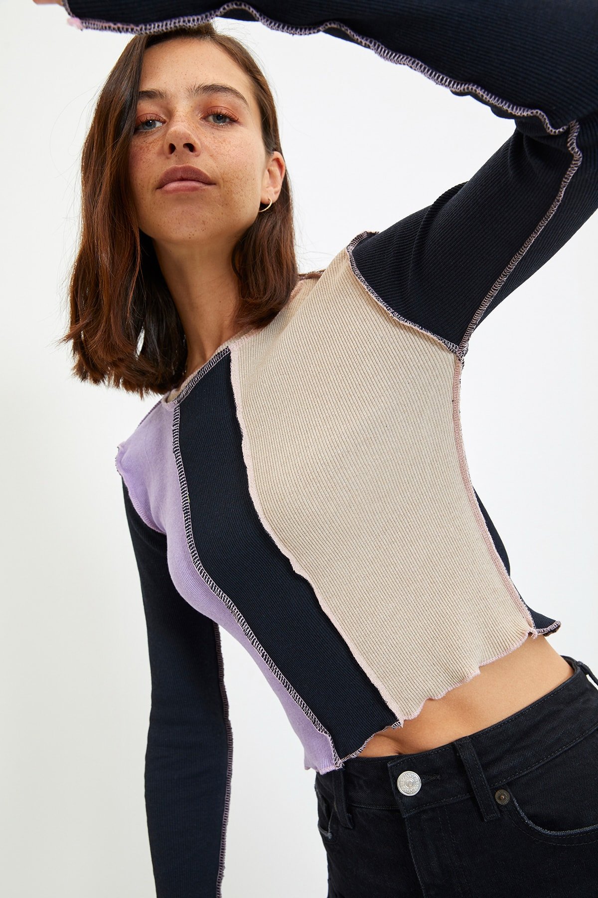 Lila Crop Fitted Renk Bloklu Örme Bluz