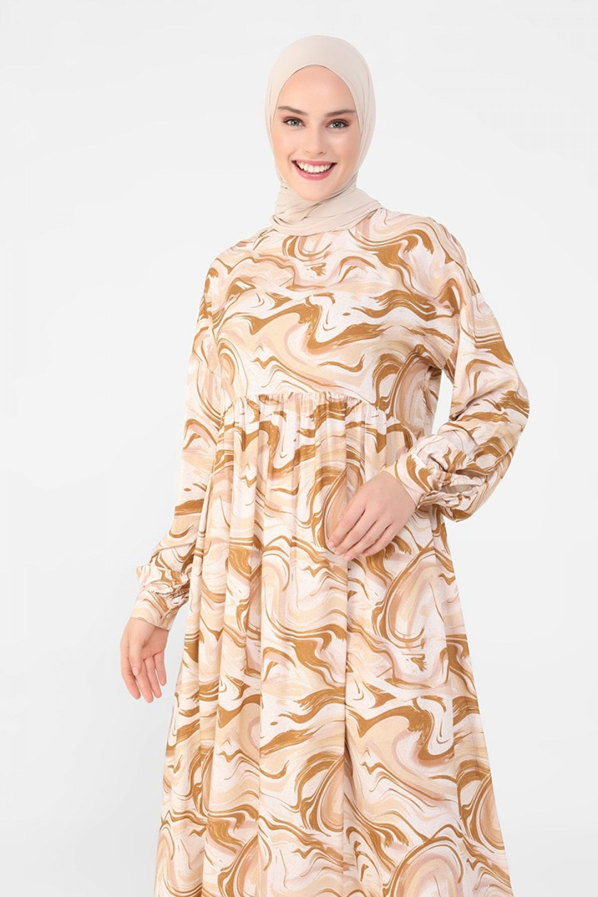Bronz Doğal Kumaşlı Desenli Elbise
