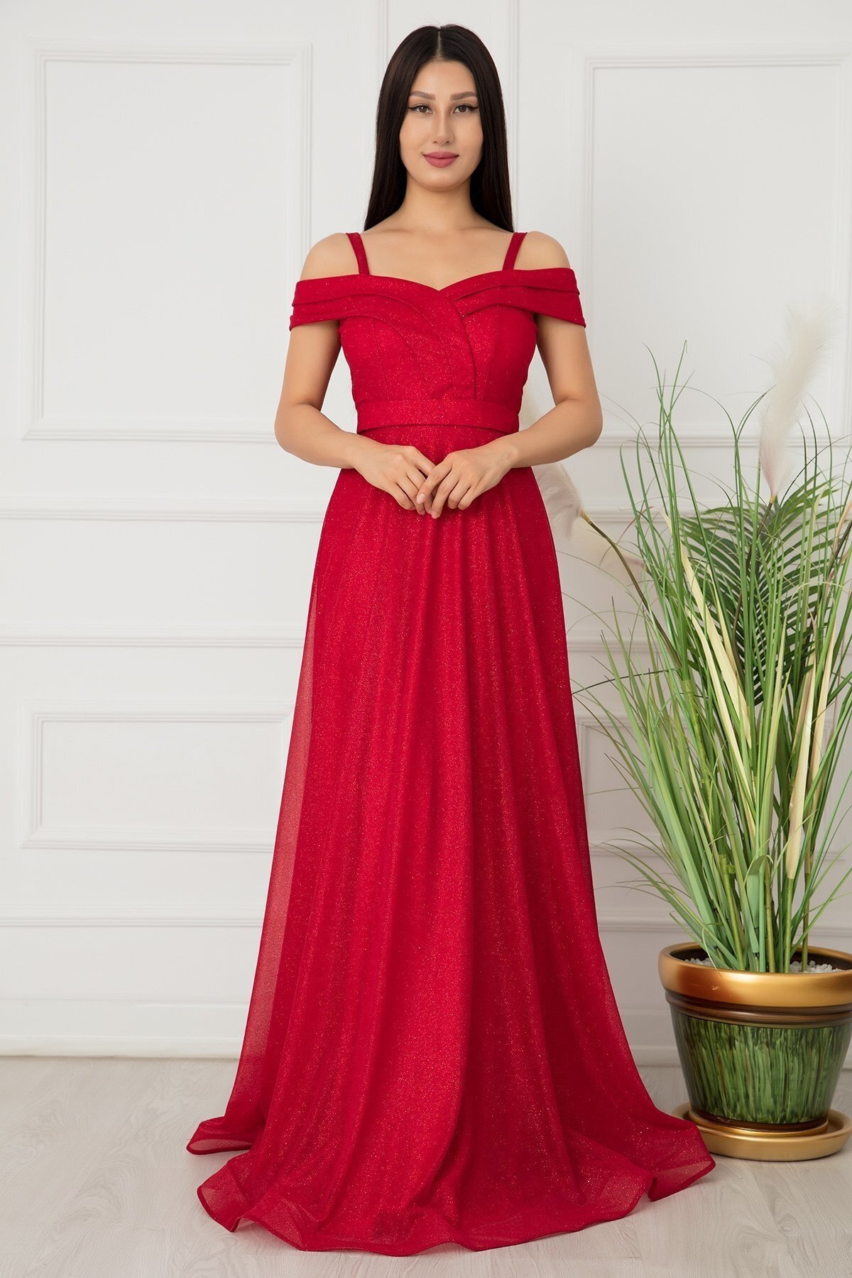 Kırmızı Jessia Askılı Simli Tül Uzun Abiye Elbise