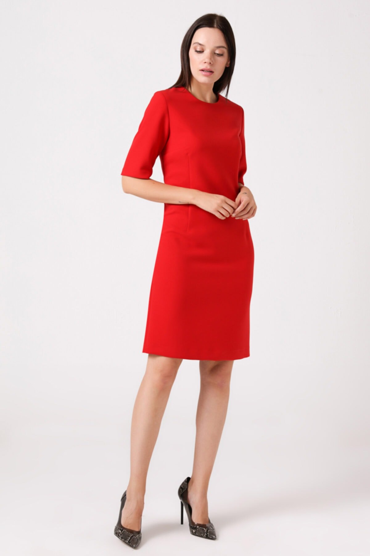 Kırmızı Yarım Kollu Midi Elbise