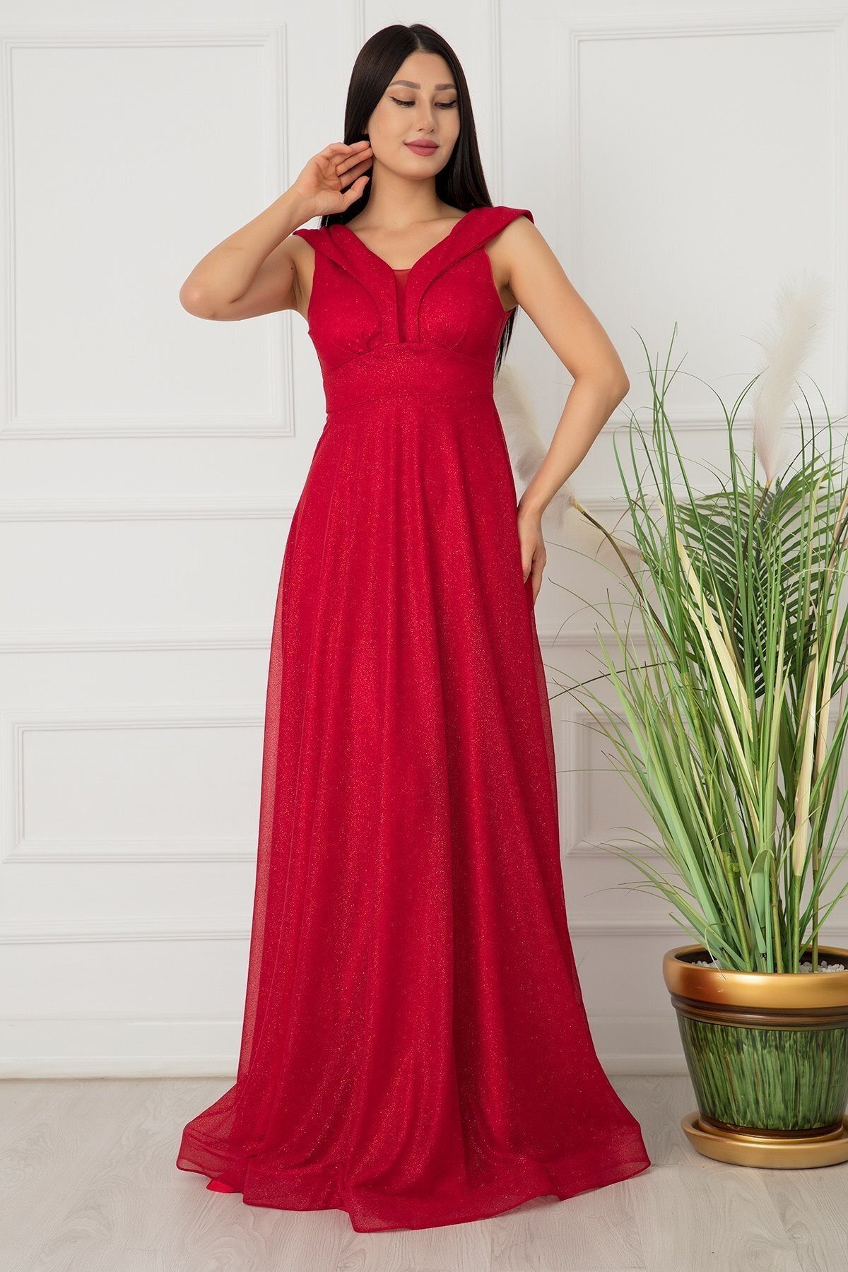 Kırmızı Ruby Simli Tül Uzun Abiye Elbise
