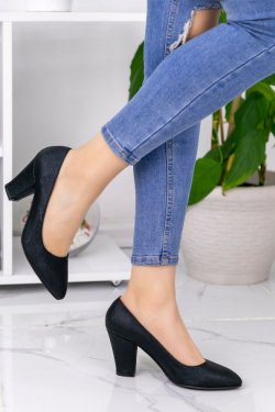 Siyah Sashi Simli Topuklu Ayakkabı