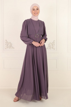 Lavanta Lila Kemer Detaylı Abiye Elbise