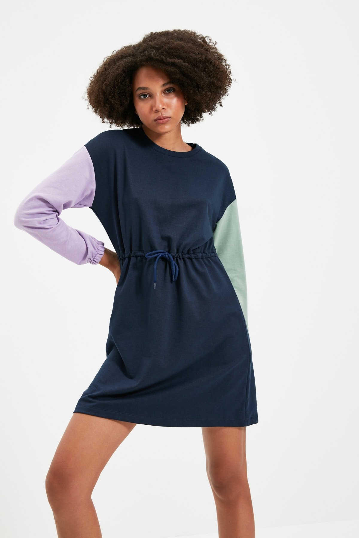 Lacivert Renk Bloklu Örme İnce Mini Sweat Elbise