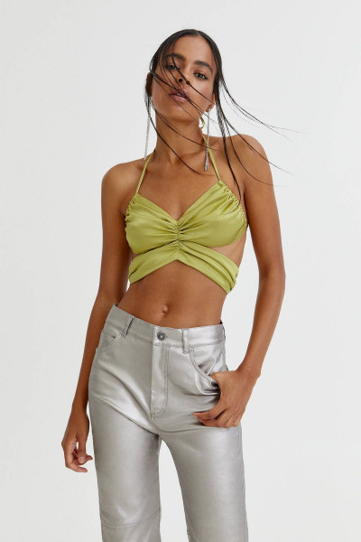 Missguided hammered satin tie front bralet in lime