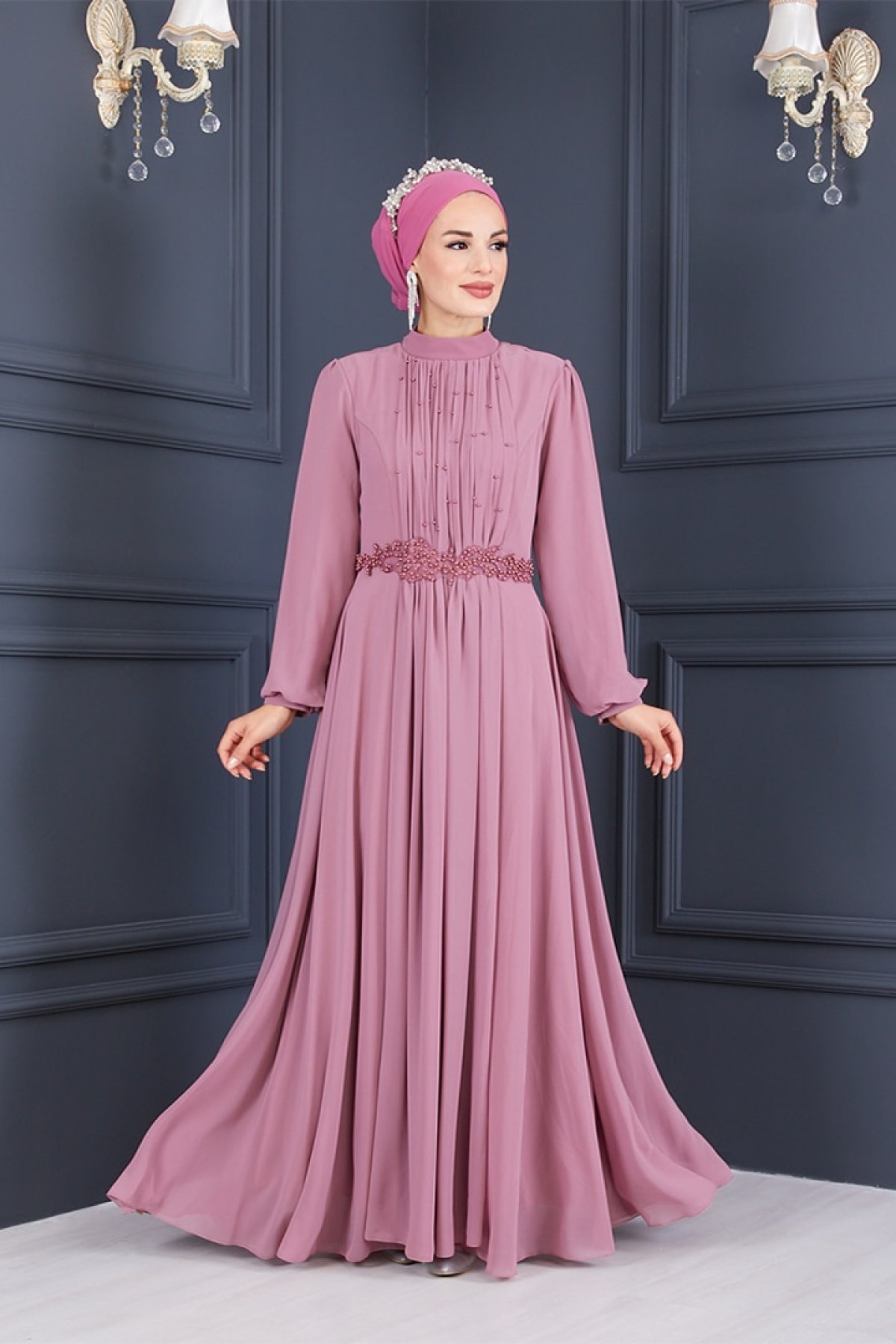 Moda Echer Gül Kurusu İnci Detaylı Güpür İşlemeli Abiye Elbise