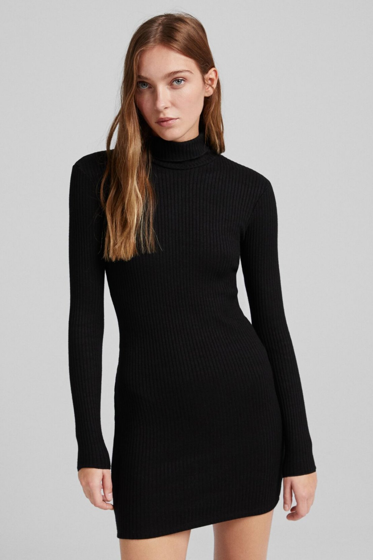 Bershka Siyah Uzun Kollu Fitilli Dik Yaka Mini Elbise