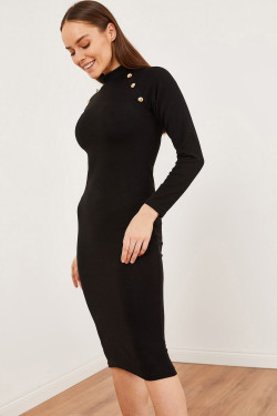 Siyah Gold Düğme Detaylı Midi Elbise