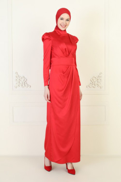 Kırmızı Saten Anvelop Abiye Elbise