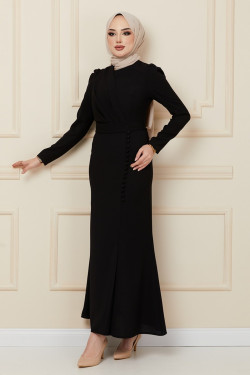 Siyah Pile ve Düğme Detaylı Krep Abiye Elbise