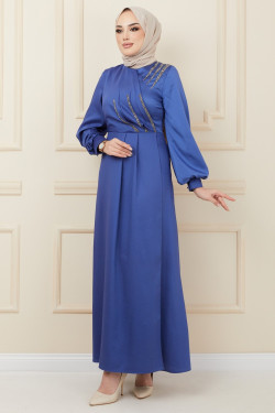 Mavi Volan ve Taş Detaylı Krep Saten Abiye Elbise