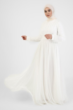 Beyaz İnci Detaylı Tüllü Abiye Elbise