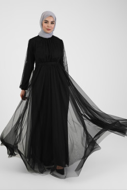 Siyah İnci Detaylı Tüllü Abiye Elbise