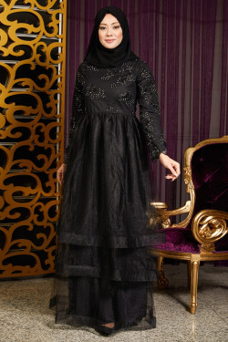 Siyah Aplike Detaylı Ebiye Abiye Elbise