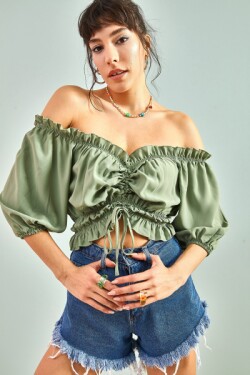 Yeşil Önü Bağcıklı Jessica Kumaş Bluz