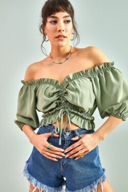 Yeşil Önü Bağcıklı Jessica Kumaş Bluz