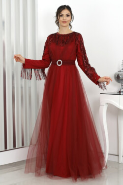 Bordo Kırmızı Behrem Abiye Elbise