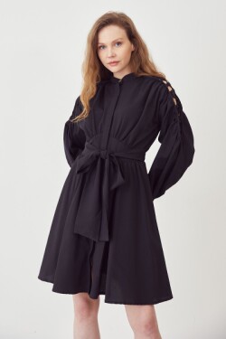 Siyah Omuz Detay Midi Elbise
