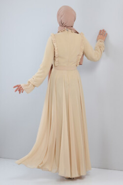 Gold Fırfır Detaylı Şifon Abiye Elbise