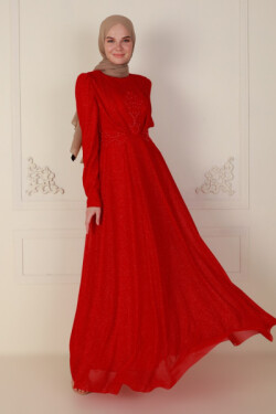 Kırmızı Dantel Detaylı Abiye Elbise