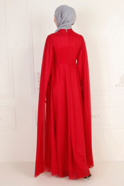 Kırmızı Pelerinli Aplik İşlemeli Simli Abiye Elbise