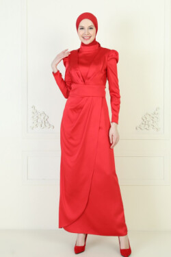 Kırmızı Saten Anvelop Abiye Elbise
