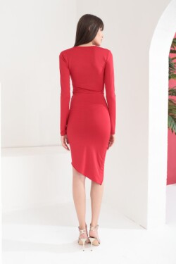 Kırmızı V Yaka Etek Büzgülü Mini Elbise