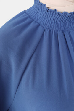 Koyu İndigo Yakası Gipe Detaylı Belden Bağlamalı Elbise